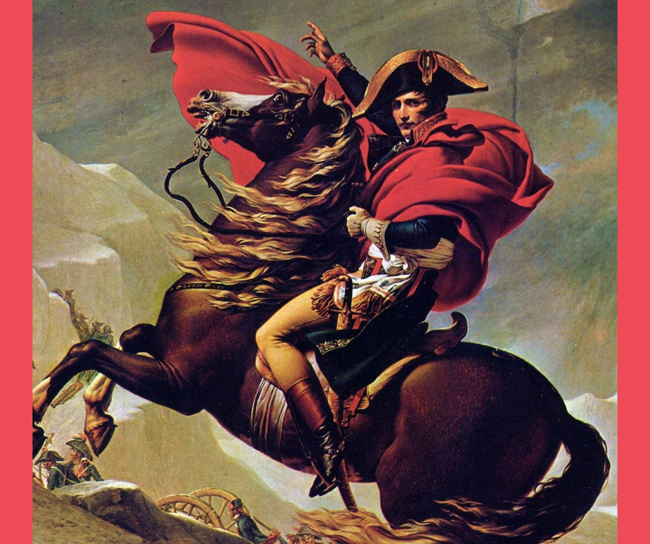 Napoleon zu Pferd. Er zieht Knie und Absätze hoch.
